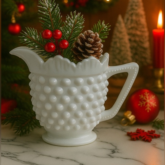 Vtg Fenton Hobnail Milk Glass Creamer Scalloped Pitcher Retro Christmas Decor 4" - Picture 1 of 9